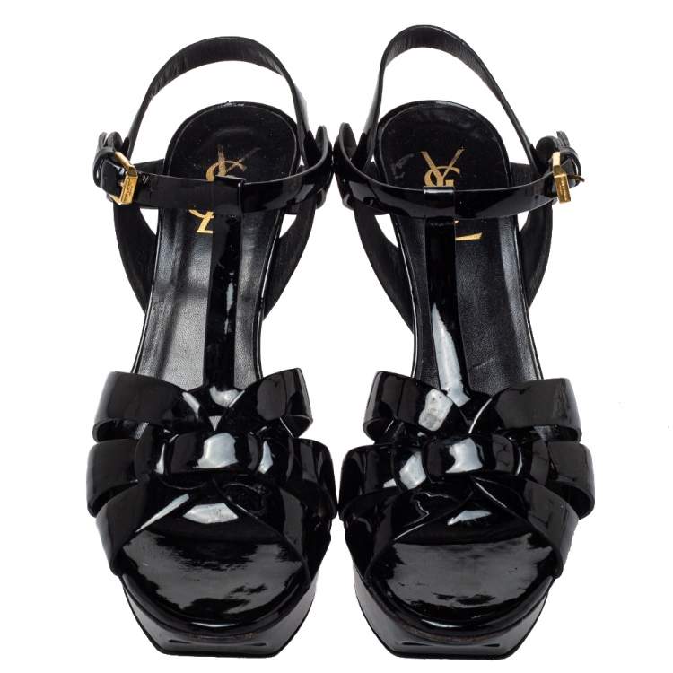 Pre Owned Saint Laurent Black Patent Leather Tribute Platform Ankle Strap Sandals Size 39