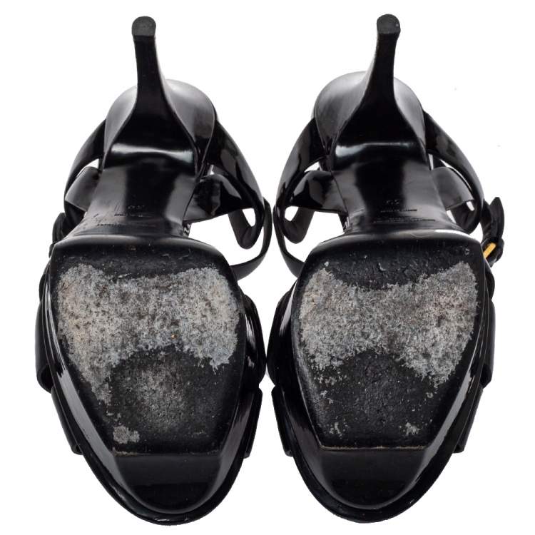Pre Owned Saint Laurent Black Patent Leather Tribute Platform Ankle Strap Sandals Size 39