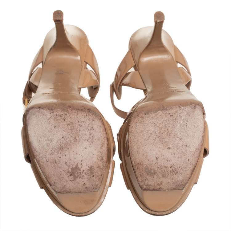 Pre Owned Saint Laurent Beige Patent Leather Tribute Ankle Strap Sandals Size 37