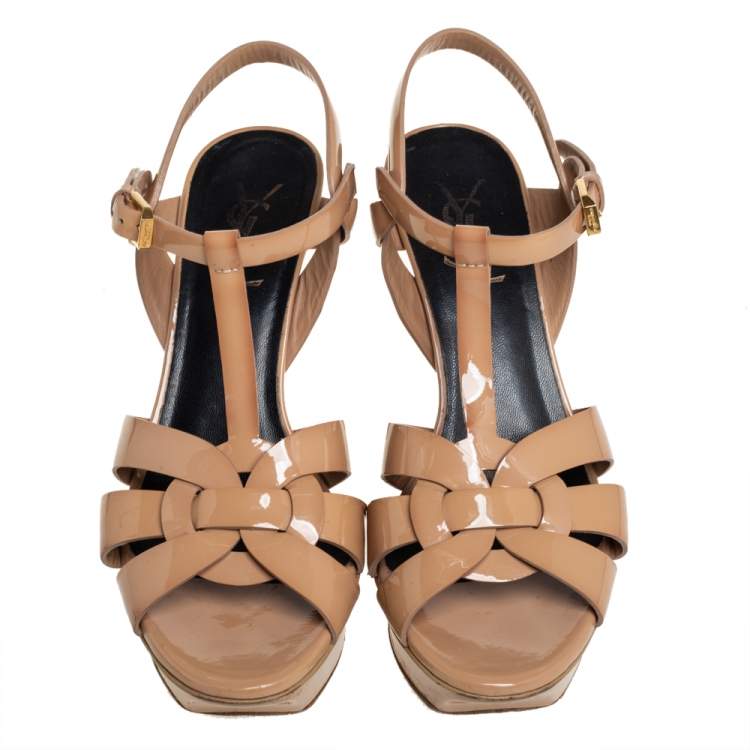 Pre Owned Saint Laurent Beige Patent Leather Tribute Ankle Strap Sandals Size 37