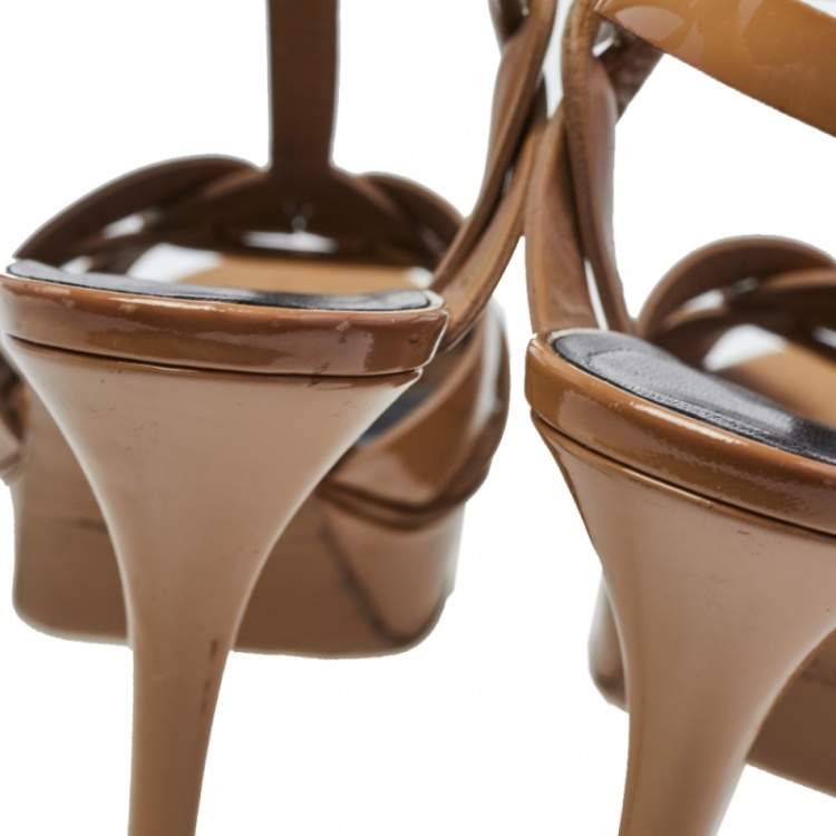 Pre Owned Saint Laurent Beige Patent Leather Tribute Ankle Strap Sandals Size 37