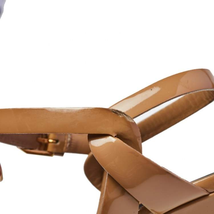 Pre Owned Saint Laurent Beige Patent Leather Tribute Ankle Strap Sandals Size 37