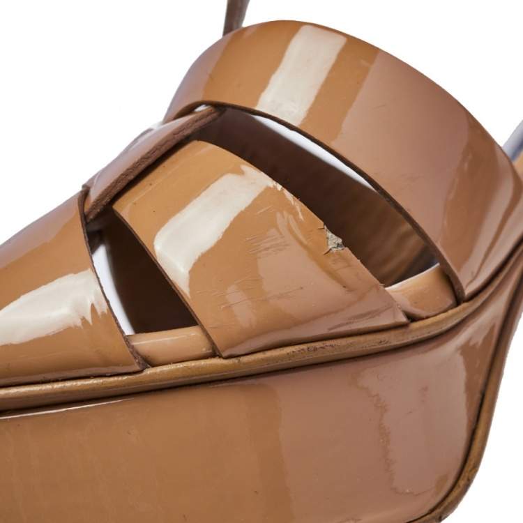 Pre Owned Saint Laurent Beige Patent Leather Tribute Ankle Strap Sandals Size 37