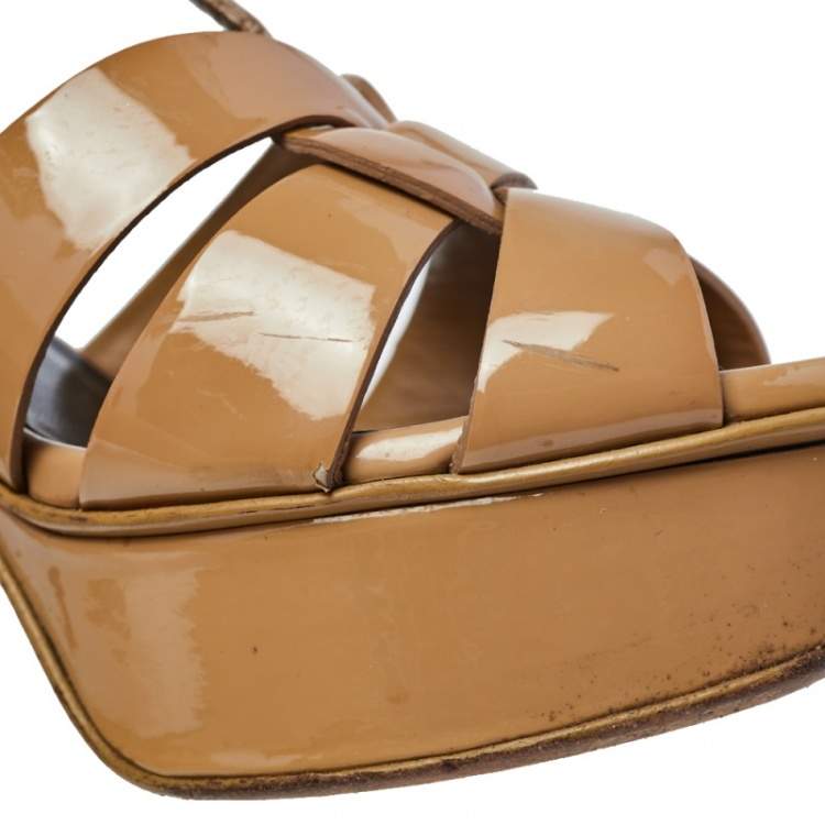 Pre Owned Saint Laurent Beige Patent Leather Tribute Ankle Strap Sandals Size 37