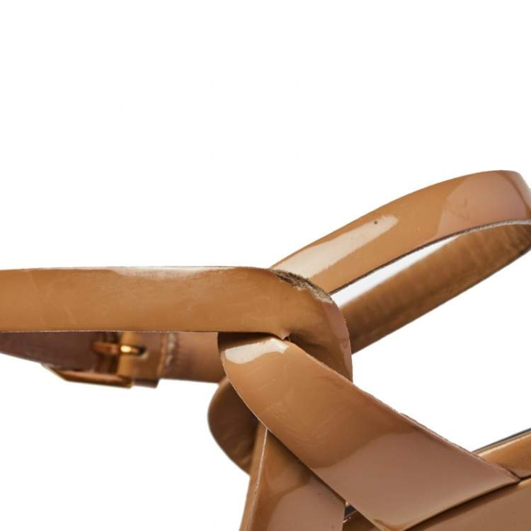 Pre Owned Saint Laurent Beige Patent Leather Tribute Ankle Strap Sandals Size 37