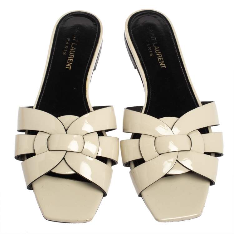 Pre Owned Saint Laurent Cream Patent Leather Tribute Flats Size 37