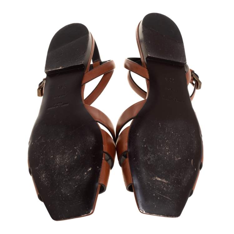 Pre Owned Saint Laurent Brown Leather Tribute Ankle Strap Flats Size 38.5
