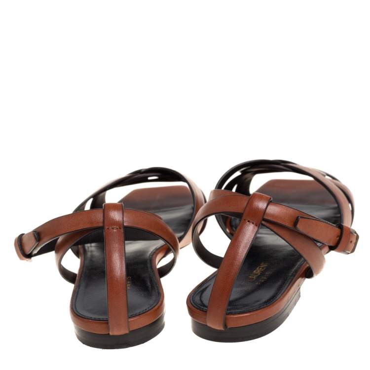 Pre Owned Saint Laurent Brown Leather Tribute Ankle Strap Flats Size 38.5