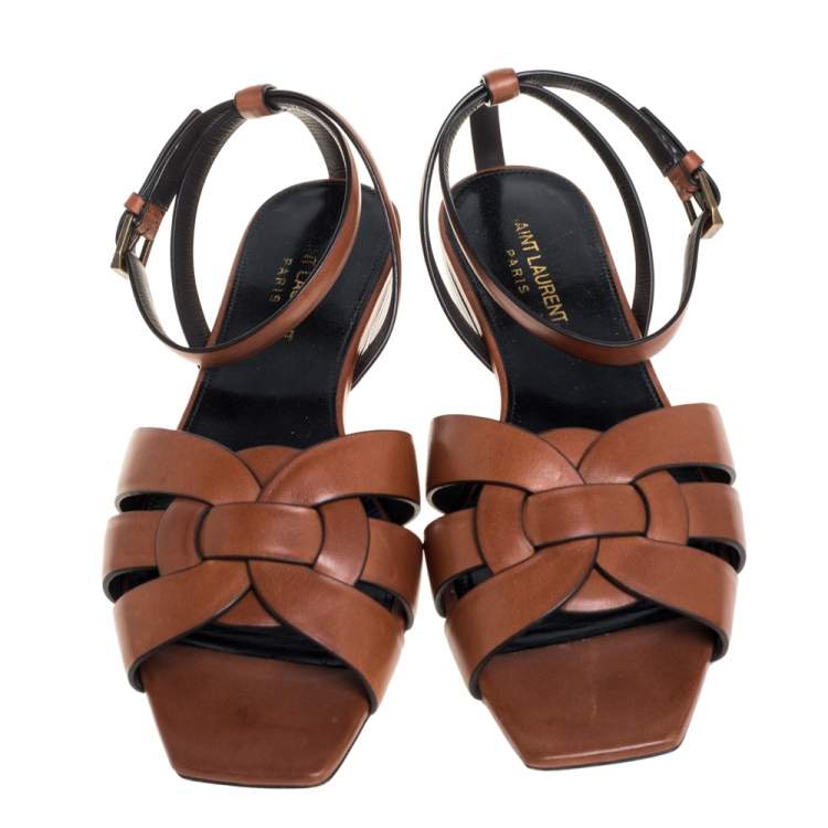 Pre Owned Saint Laurent Brown Leather Tribute Ankle Strap Flats Size 38.5