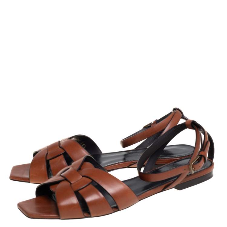 Pre Owned Saint Laurent Brown Leather Tribute Ankle Strap Flats Size 38.5