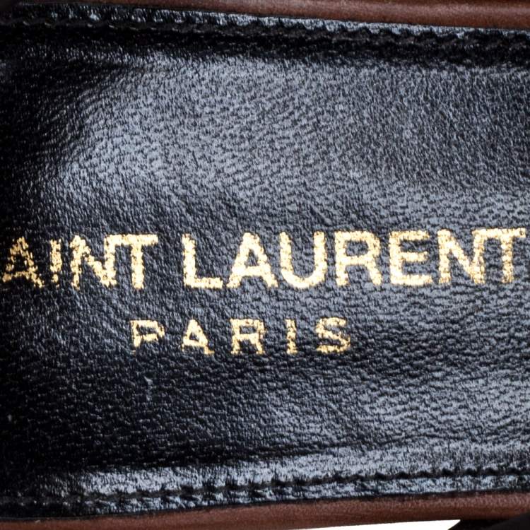 Pre Owned Saint Laurent Brown Leather Tribute Ankle Strap Flats Size 38.5