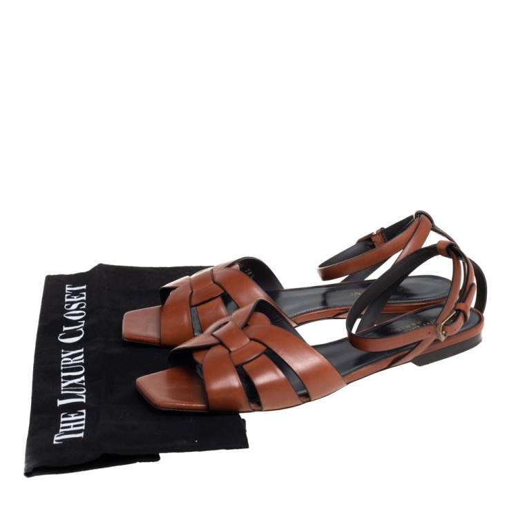 Pre Owned Saint Laurent Brown Leather Tribute Ankle Strap Flats Size 38.5