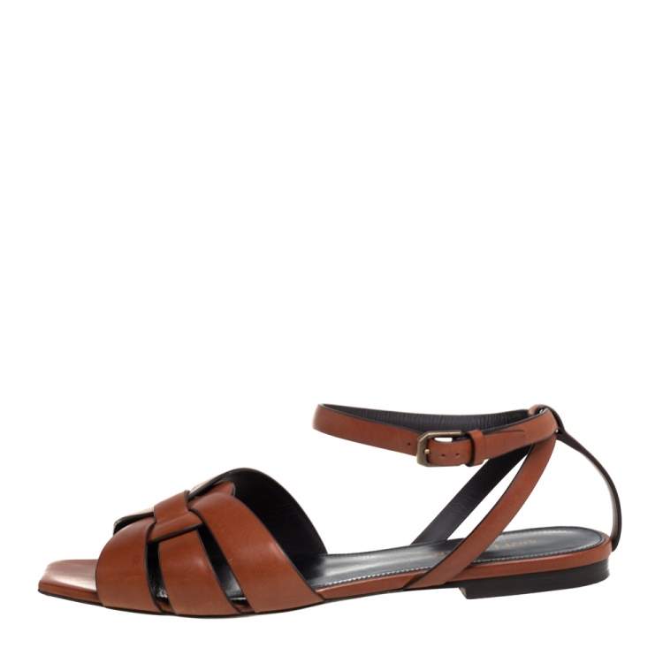 Pre Owned Saint Laurent Brown Leather Tribute Ankle Strap Flats Size 38.5