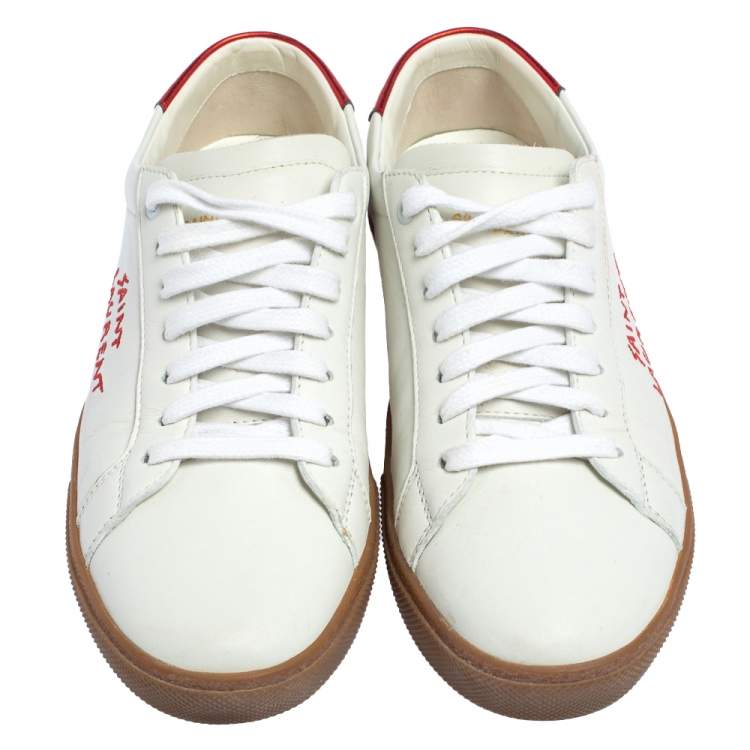 Pre Owned Saint Laurent White/Red Leather Court Classic SL/06 Low Top Sneakers Size 38