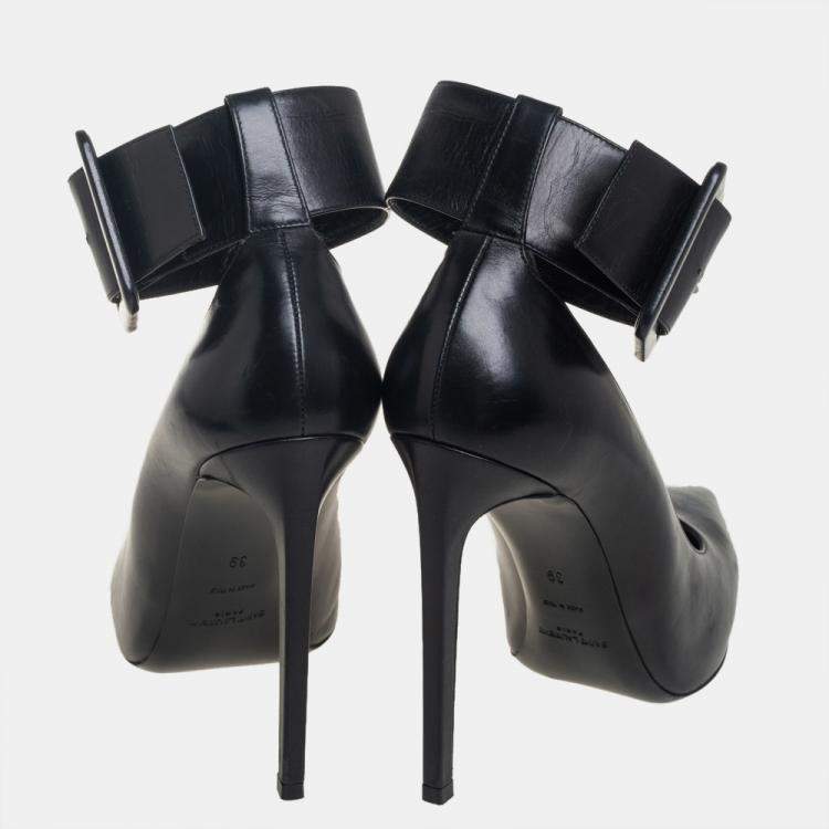 Pre Owned Saint Laurent Black Leather Escarpin Ankle Cuff Pumps Size 39