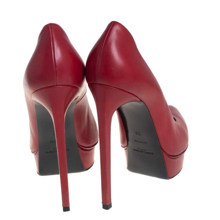Pre Owned Saint Laurent Red Leather Platform Janis Pumps Size 38