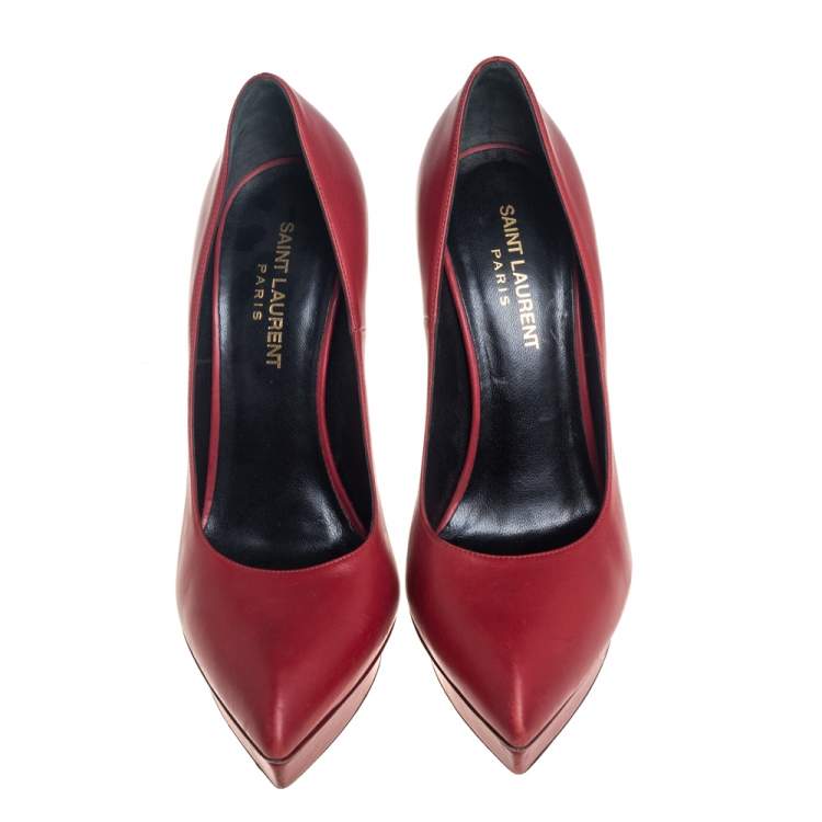 Pre Owned Saint Laurent Red Leather Platform Janis Pumps Size 38