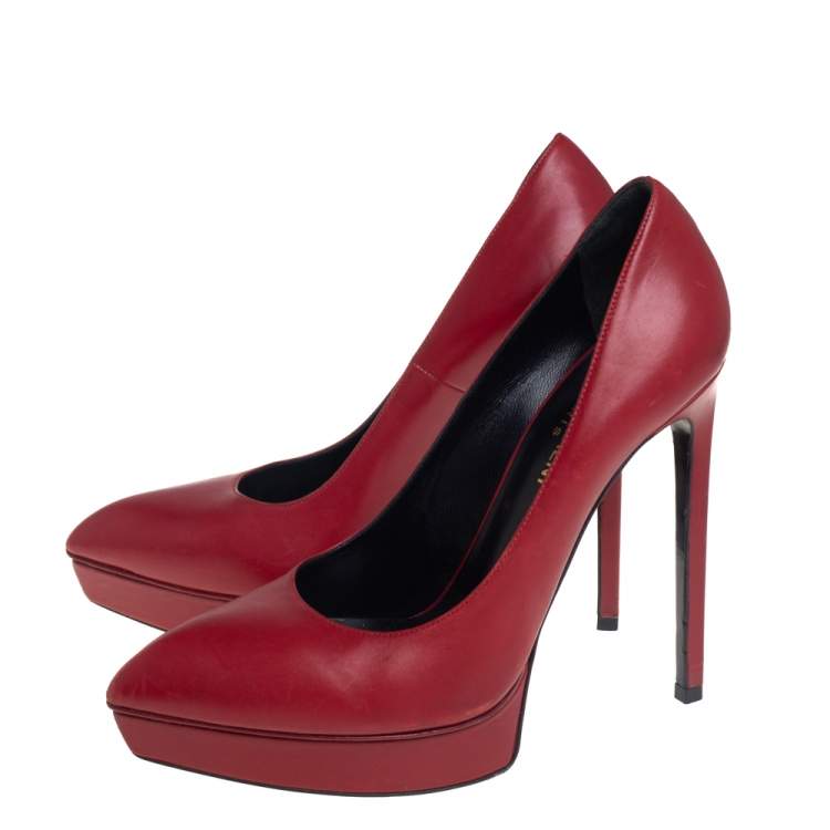 Pre Owned Saint Laurent Red Leather Platform Janis Pumps Size 38