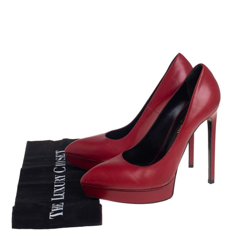 Pre Owned Saint Laurent Red Leather Platform Janis Pumps Size 38
