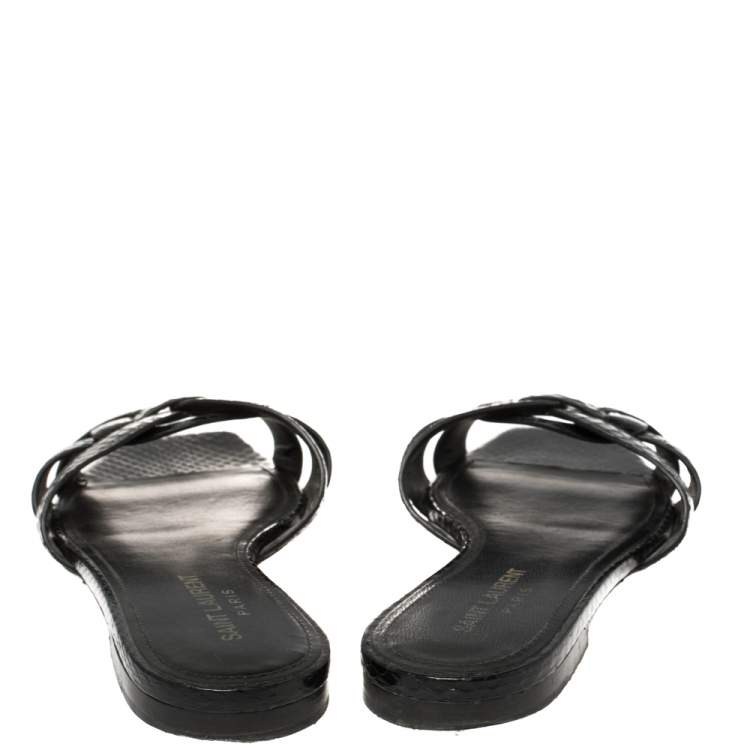 Pre Owned Saint Laurent Black Python Tribute Flat Slides Size 37.5 