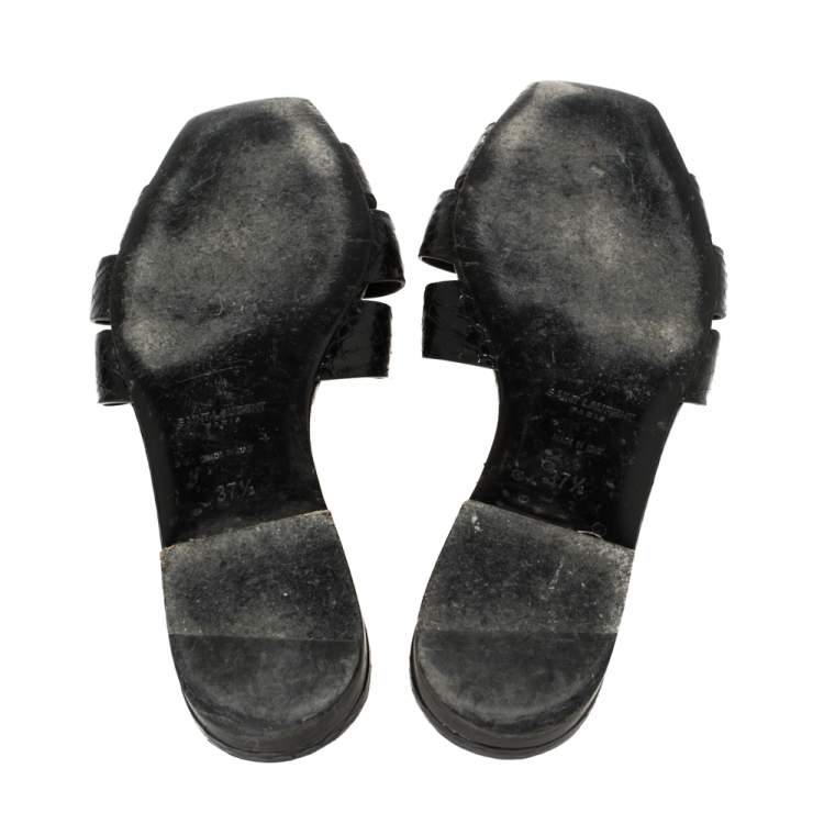 Pre Owned Saint Laurent Black Python Tribute Flat Slides Size 37.5 