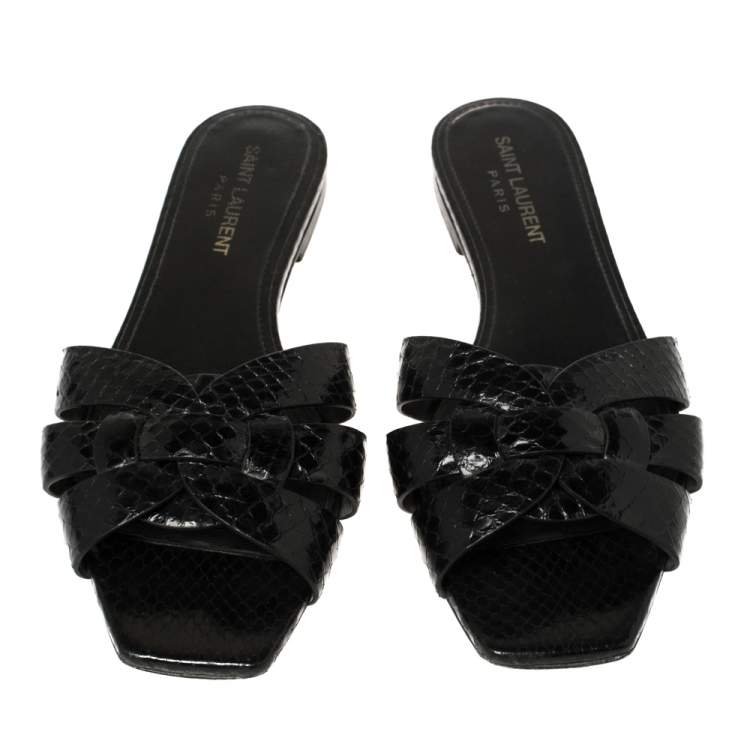 Pre Owned Saint Laurent Black Python Tribute Flat Slides Size 37.5 