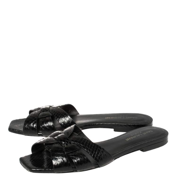 Pre Owned Saint Laurent Black Python Tribute Flat Slides Size 37.5 