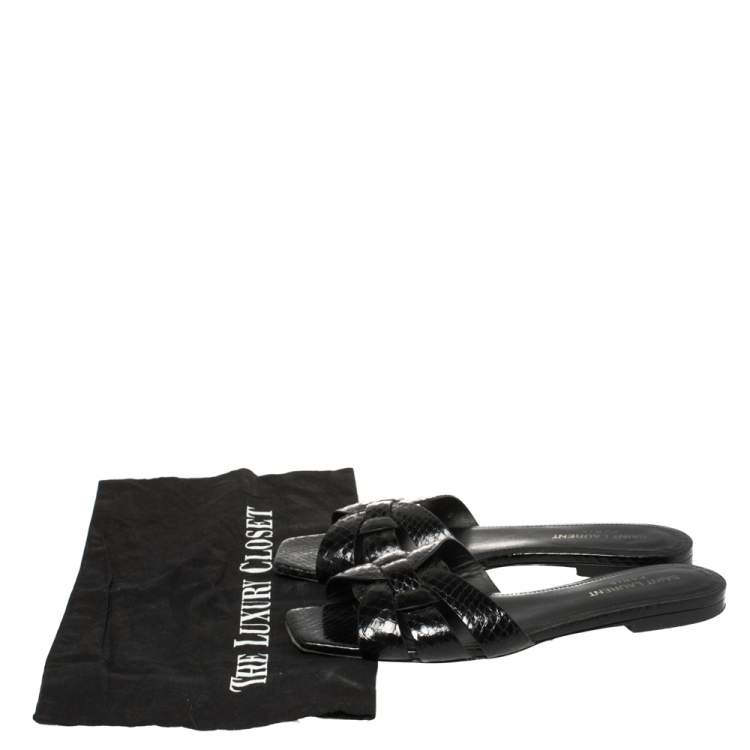 Pre Owned Saint Laurent Black Python Tribute Flat Slides Size 37.5 