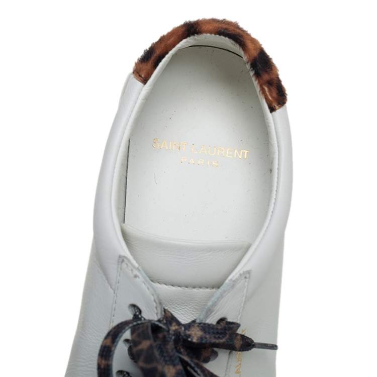 Pre Owned Saint Laurent White Leather and Pony Hair Leopard Print Andy Low Top Sneakers Size 37