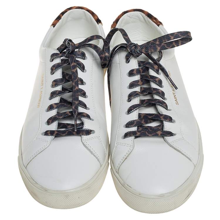 Pre Owned Saint Laurent White Leather and Pony Hair Leopard Print Andy Low Top Sneakers Size 37