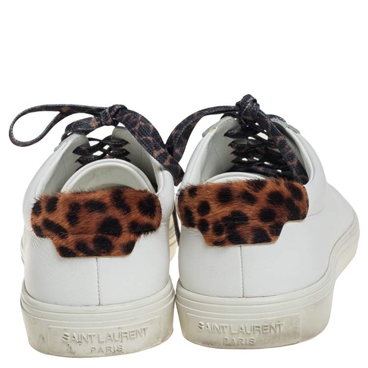 Pre Owned Saint Laurent White Leather and Pony Hair Leopard Print Andy Low Top Sneakers Size 37