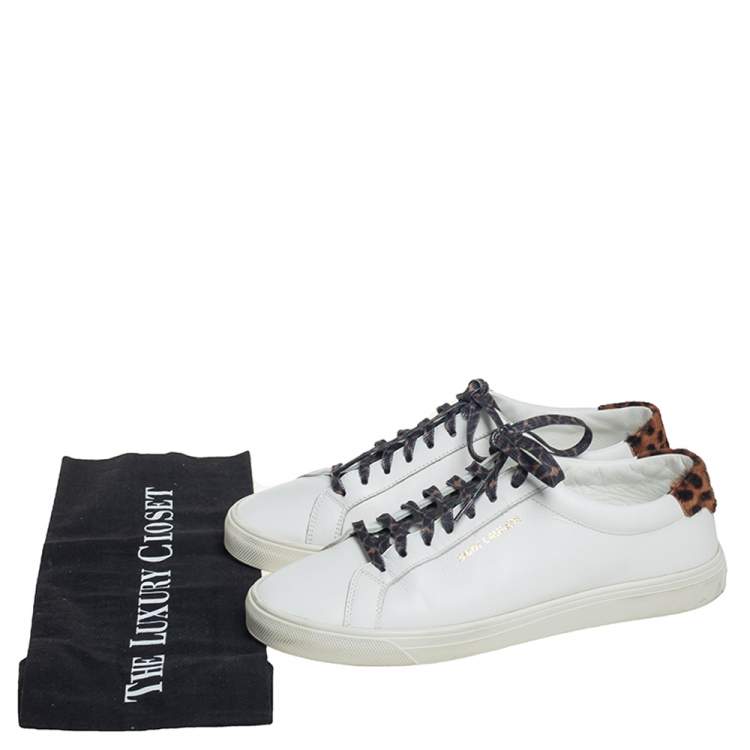 Pre Owned Saint Laurent White Leather and Pony Hair Leopard Print Andy Low Top Sneakers Size 37