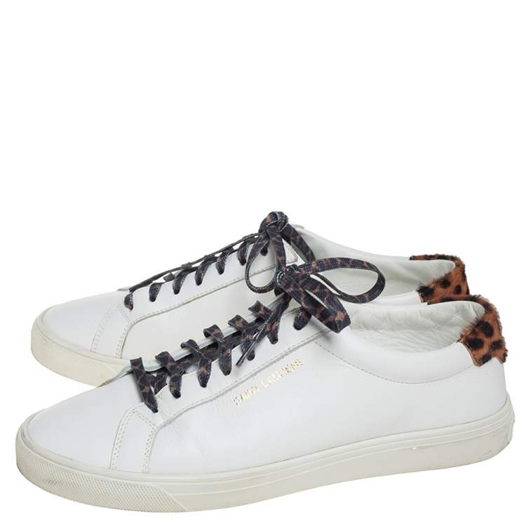 Pre Owned Saint Laurent White Leather and Pony Hair Leopard Print Andy Low Top Sneakers Size 37