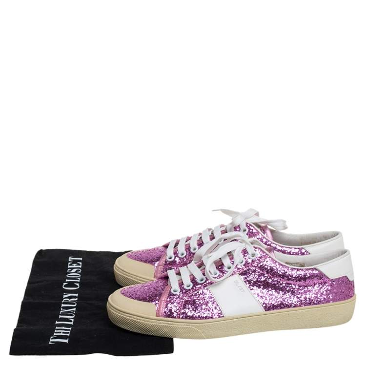 Pre Owned Saint Laurent Pink/White Glitter And Leather Low Top Sneakers Size 39
