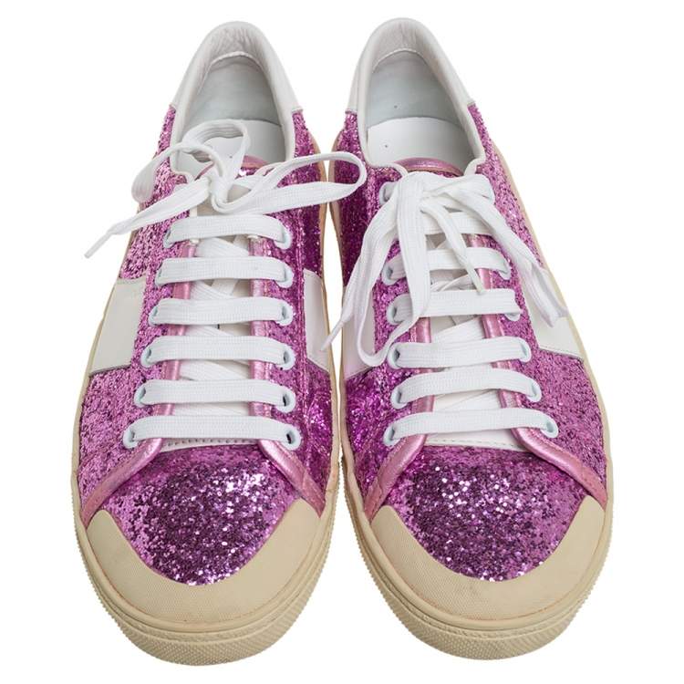 Pre Owned Saint Laurent Pink/White Glitter And Leather Low Top Sneakers Size 39