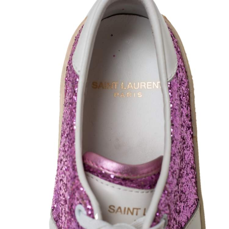 Pre Owned Saint Laurent Pink/White Glitter And Leather Low Top Sneakers Size 39