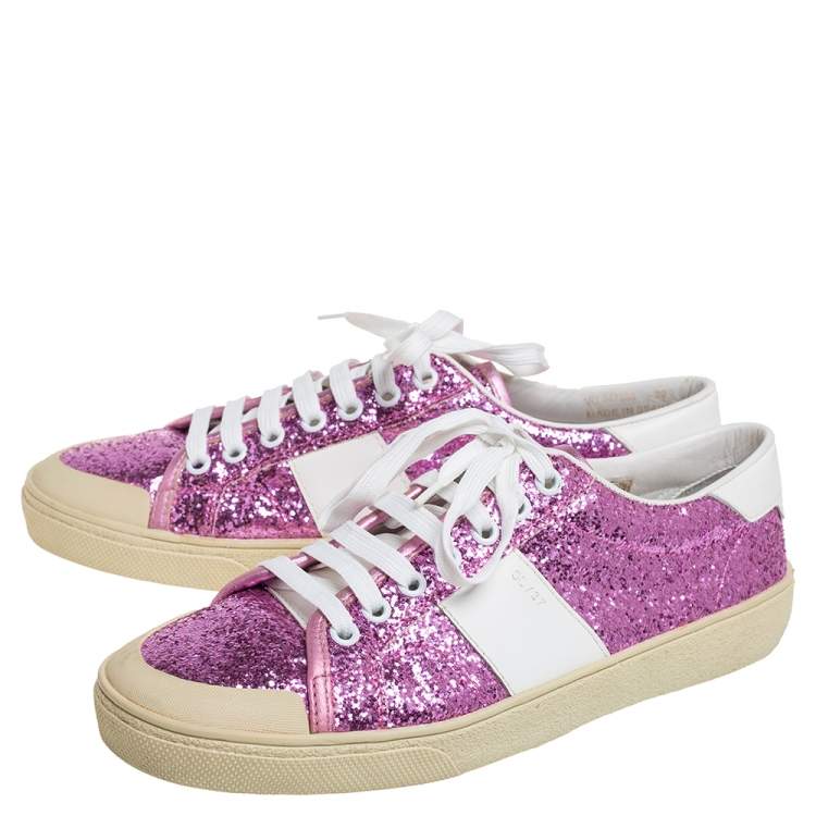 Pre Owned Saint Laurent Pink/White Glitter And Leather Low Top Sneakers Size 39