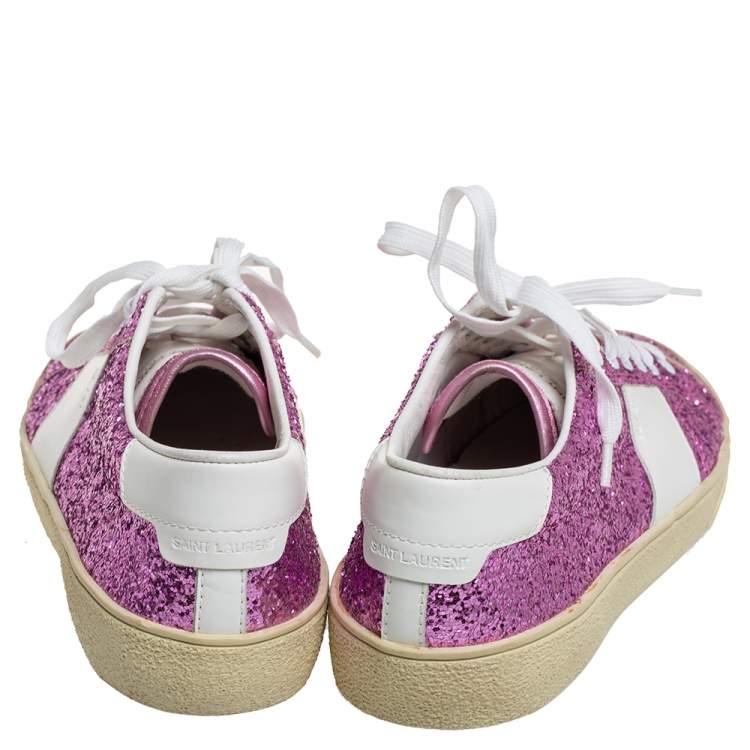 Pre Owned Saint Laurent Pink/White Glitter And Leather Low Top Sneakers Size 39