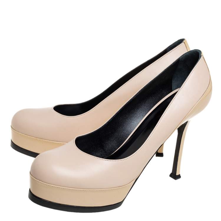 Pre Owned Saint Laurent Beige Leather and Patent Leather Tribtoo Platform Pumps Size 38.5