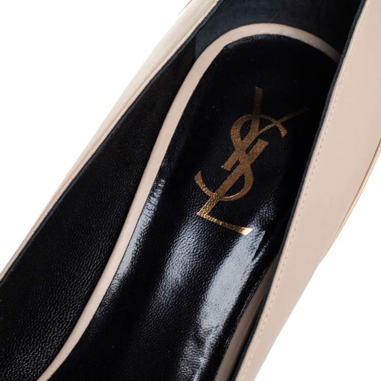 Pre Owned Saint Laurent Beige Leather and Patent Leather Tribtoo Platform Pumps Size 38.5