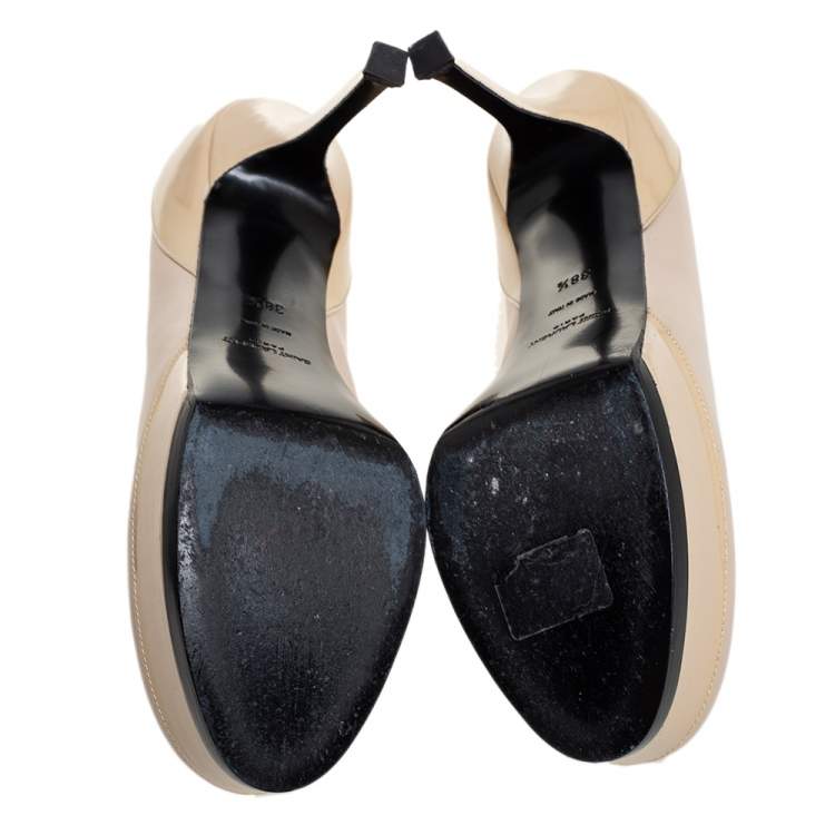 Pre Owned Saint Laurent Beige Leather and Patent Leather Tribtoo Platform Pumps Size 38.5