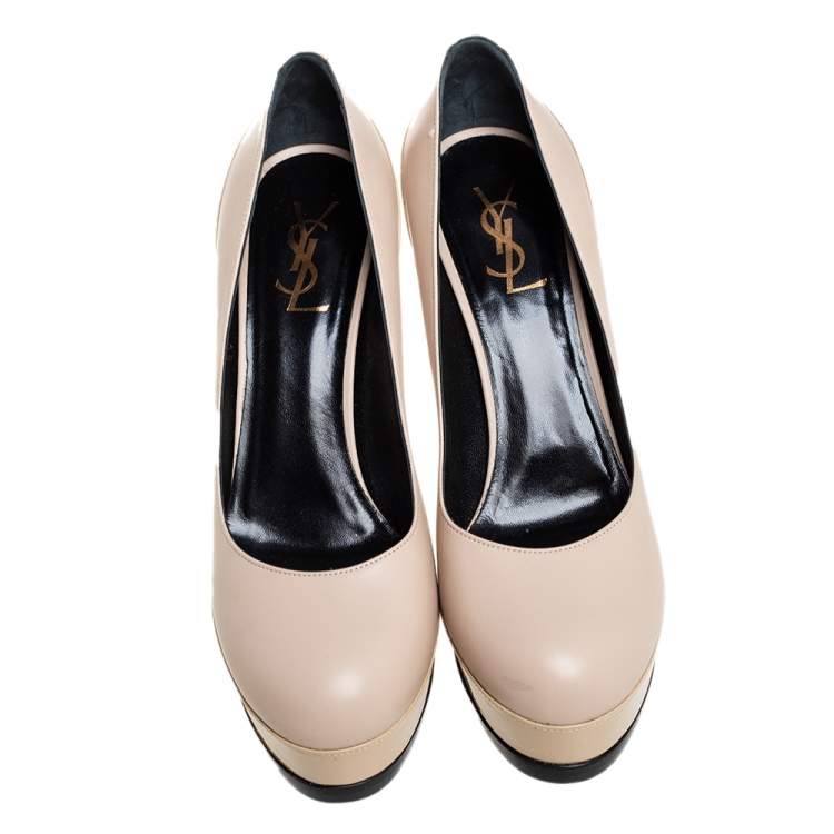 Pre Owned Saint Laurent Beige Leather and Patent Leather Tribtoo Platform Pumps Size 38.5