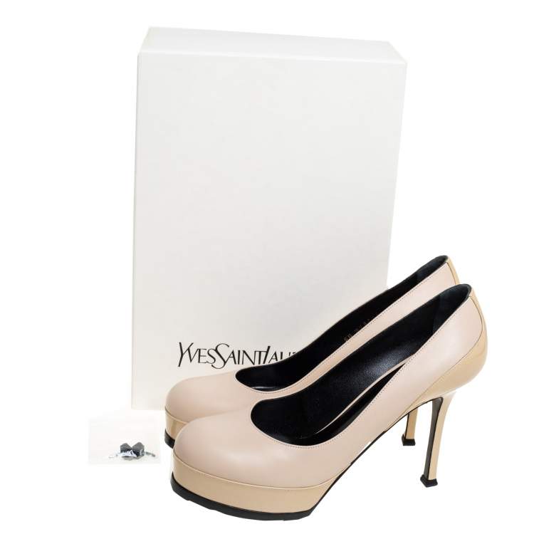 Pre Owned Saint Laurent Beige Leather and Patent Leather Tribtoo Platform Pumps Size 38.5