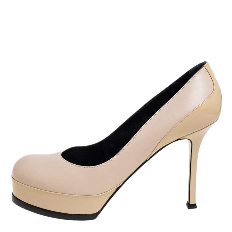 Pre Owned Saint Laurent Beige Leather and Patent Leather Tribtoo Platform Pumps Size 38.5