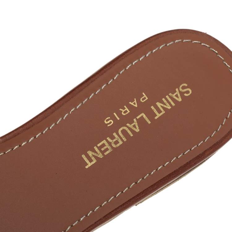 Pre Owned Saint Laurent Brown Leather Tribute Flat Slides Size 39