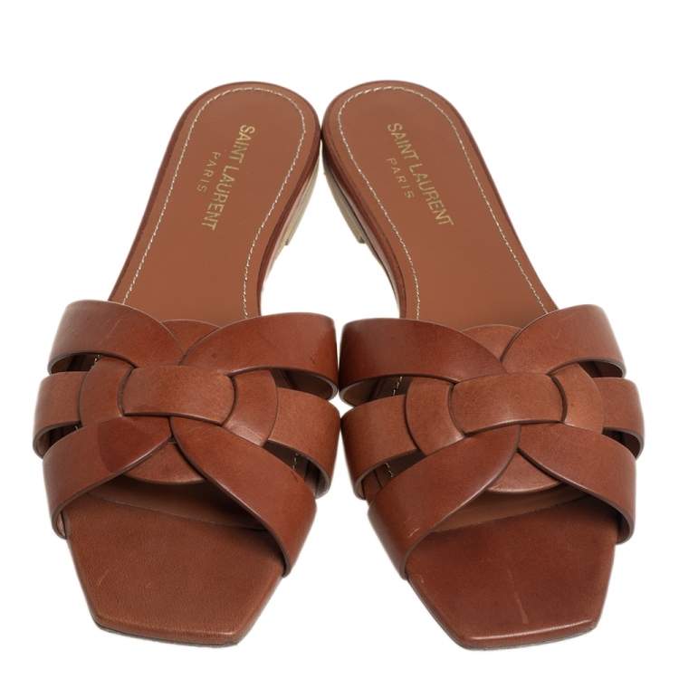 Pre Owned Saint Laurent Brown Leather Tribute Flat Slides Size 39