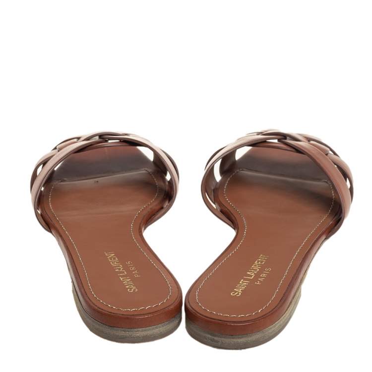 Pre Owned Saint Laurent Brown Leather Tribute Flat Slides Size 39