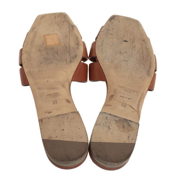 Pre Owned Saint Laurent Brown Leather Tribute Flat Slides Size 39