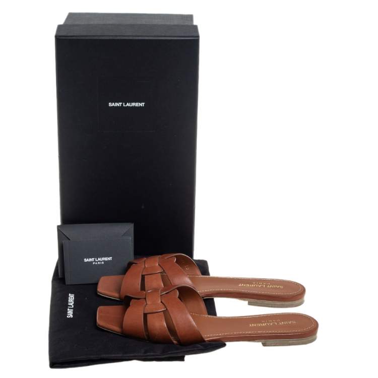 Pre Owned Saint Laurent Brown Leather Tribute Flat Slides Size 39