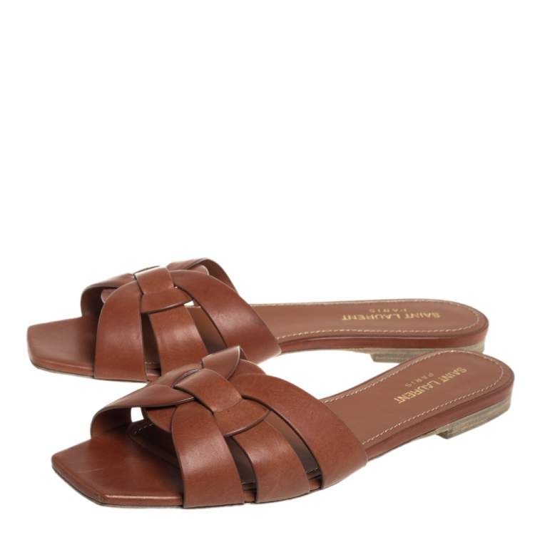 Pre Owned Saint Laurent Brown Leather Tribute Flat Slides Size 39